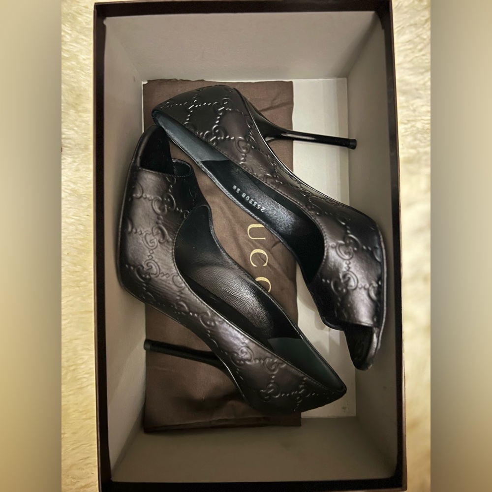 Gucci Black Guccissima Peep Toe Pumps